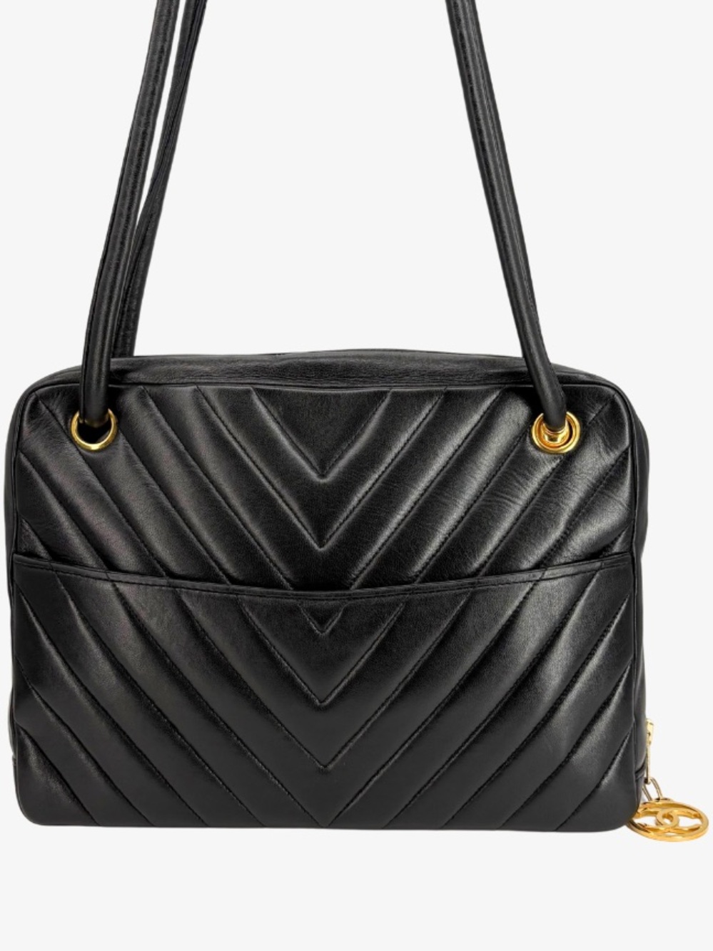 CHANEL CHEVRON Black Quilted CROSSBODY with Gold CC Charm - Picture 4 of 14